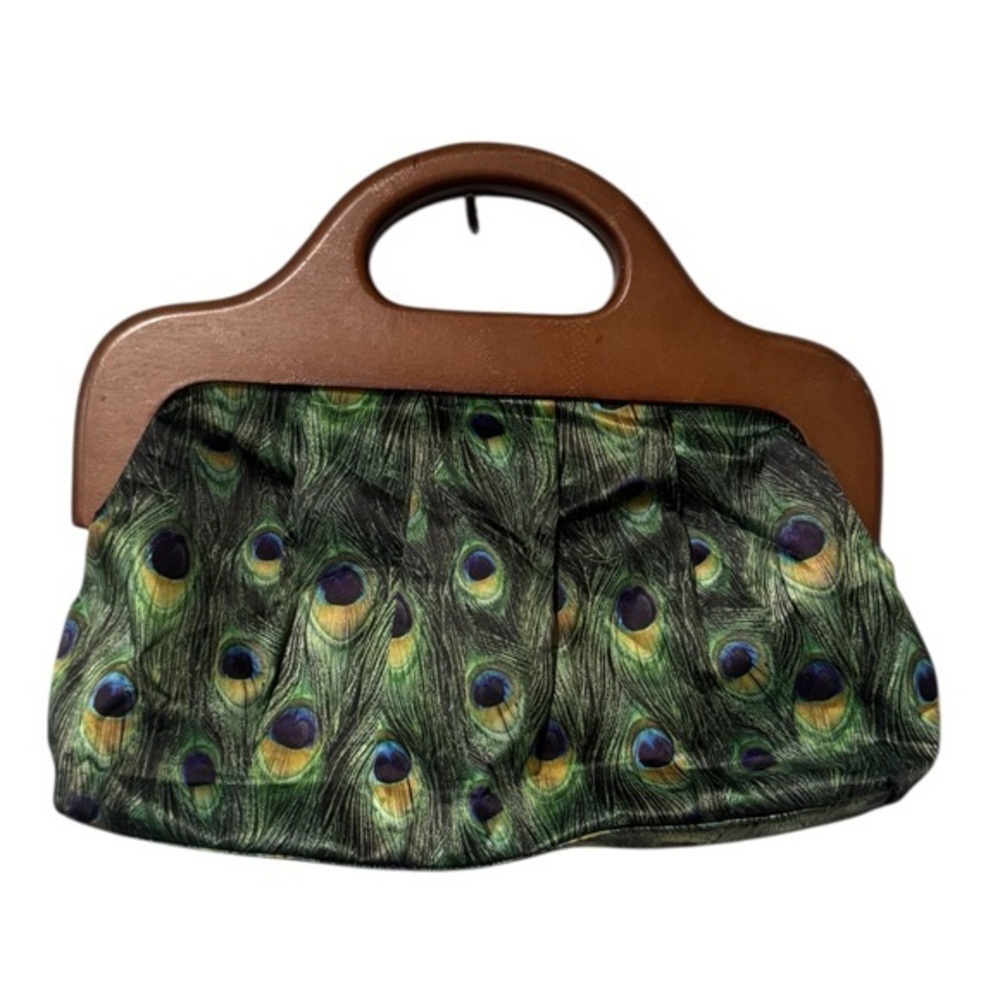 ALDO 1980's Peacock Feather Print Handbag clutch with wooden Brown Handle